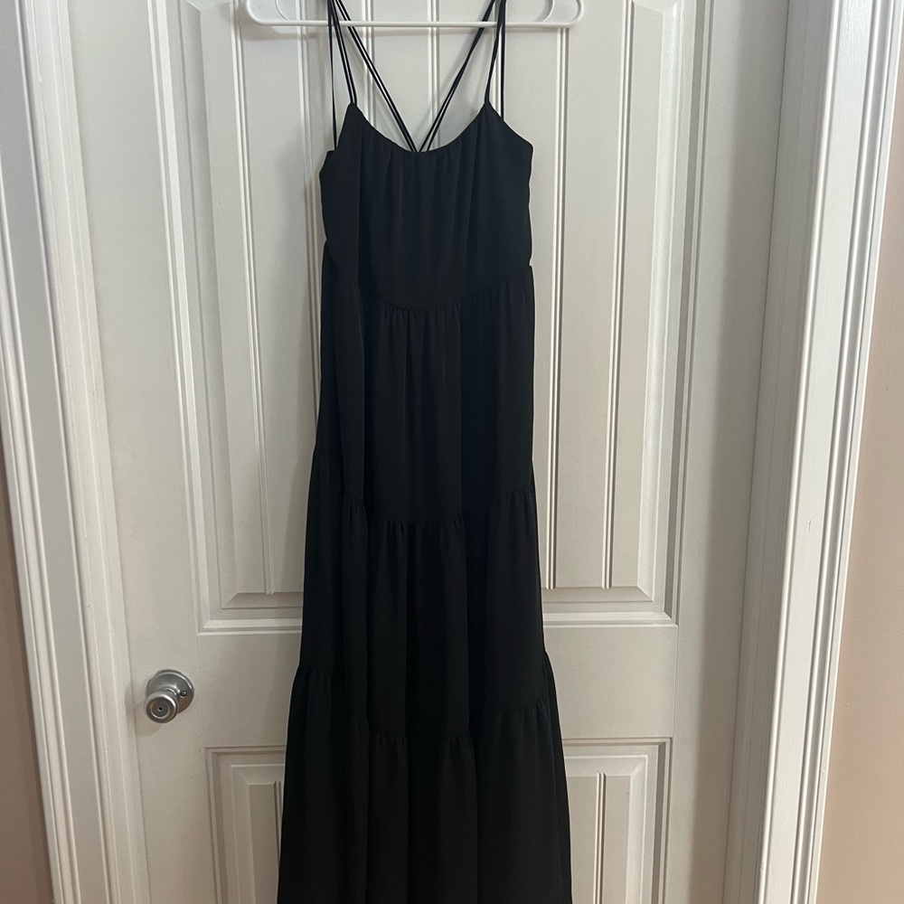 fitted lace wedding dress Black Layered Ruffle Train Maxi Dress main image 1